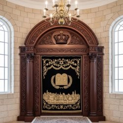 Hand-Carved Wooden Aron Kodesh with Velvet Ten Commandments Parochet - Premium Synagogue Furniture