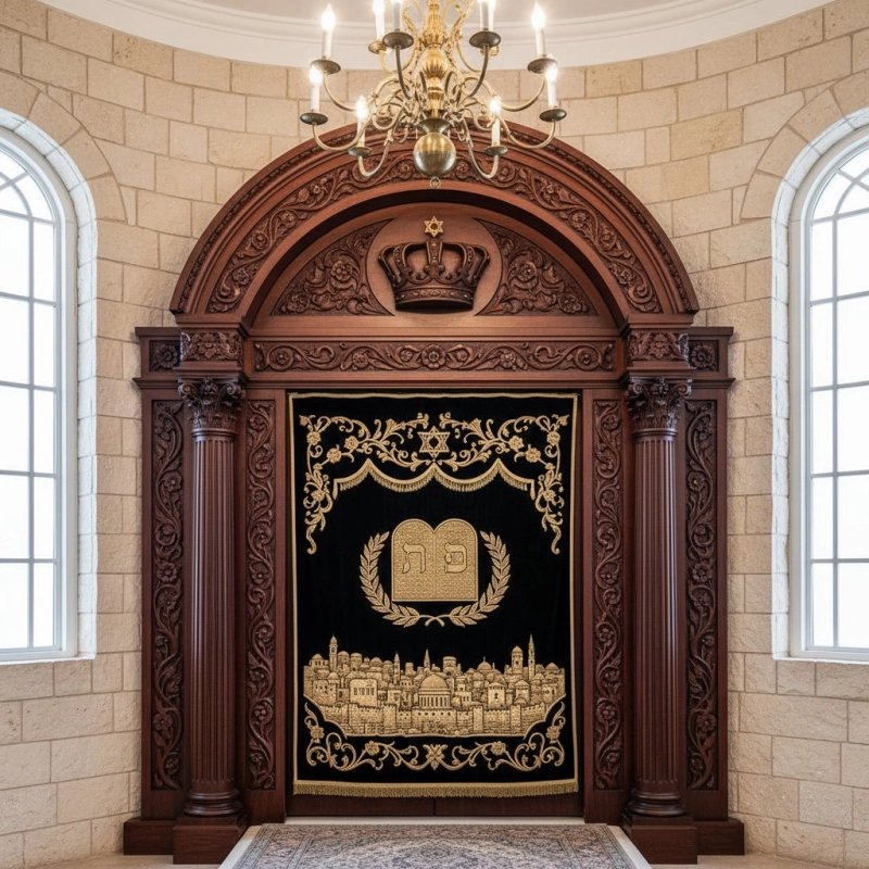 Hand-Carved Wooden Aron Kodesh with Velvet Ten Commandments Parochet - Premium Synagogue Furniture Hand-Carved Wooden Aron Kodesh with Velvet Ten Commandments Parochet - Premium Synagogue Furniture