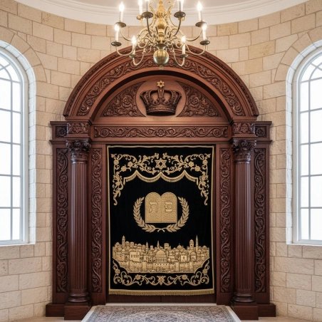 Hand-Carved Wooden Aron Kodesh with Velvet Ten Commandments Parochet - Premium Synagogue Furniture