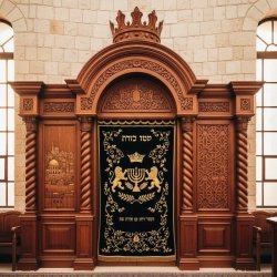 Magnificent hand-carved Aron Kodesh, a symbol of superior furniture manufacturing and sacred artistry for synagogue sanctuaries.