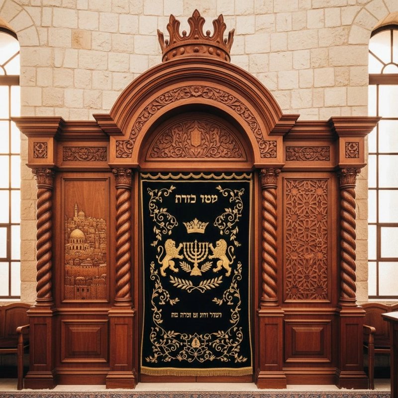 Magnificent hand-carved Aron Kodesh, a symbol of superior furniture manufacturing and sacred artistry for synagogue sanctuaries. Magnificent hand-carved Aron Kodesh, a symbol of superior furniture manufacturing and sacred artistry for synagogue sanctuaries.