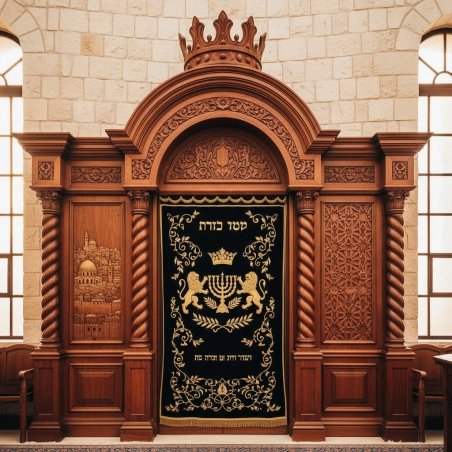 Magnificent hand-carved Aron Kodesh, a symbol of superior furniture manufacturing and sacred artistry for synagogue sanctuaries.