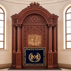 Magnificent Aron Kodesh Holy Ark in solid wood with embroidered velvet, expertly manufactured for synagogues.