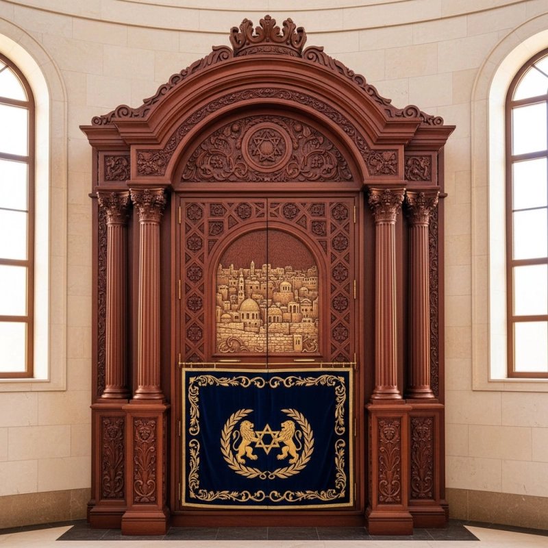 Magnificent Aron Kodesh Holy Ark in solid wood with embroidered velvet, expertly manufactured for synagogues. Magnificent Aron Kodesh Holy Ark in solid wood with embroidered velvet, expertly manufactured for synagogues.
