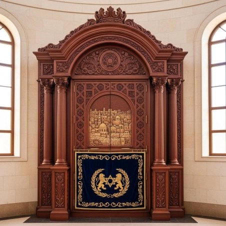 Magnificent Aron Kodesh Holy Ark in solid wood with embroidered velvet, expertly manufactured for synagogues.