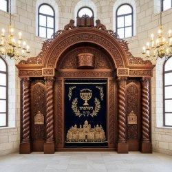 Aron Kodesh: Hand-Carved Dark Wood Ark with Gold Embroidered Velvet Parochet. Premium Synagogue Furniture by Skilled Artisans.