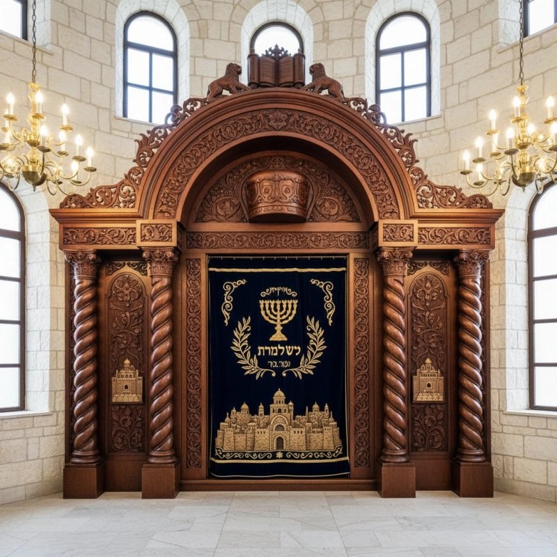 Aron Kodesh: Hand-Carved Dark Wood Ark with Gold Embroidered Velvet Parochet. Premium Synagogue Furniture by Skilled Artisans. Aron Kodesh: Hand-Carved Dark Wood Ark with Gold Embroidered Velvet Parochet. Premium Synagogue Furniture by Skilled Artisans.