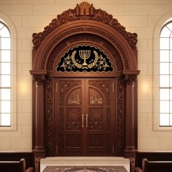 Exquisite Aron Kodesh: Hand-carved solid wood, deep blue velvet parochet, superior craftsmanship for sacred spaces.