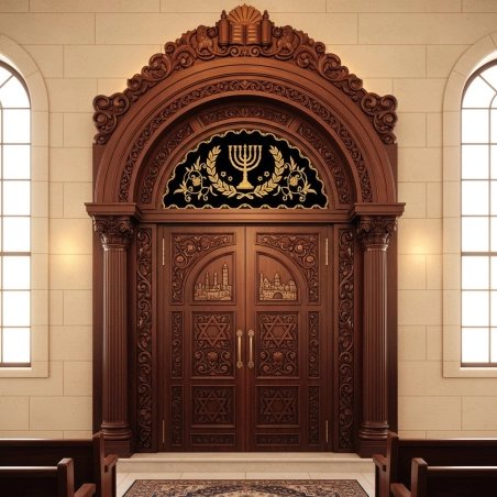 Exquisite Aron Kodesh: Hand-carved solid wood, deep blue velvet parochet, superior craftsmanship for sacred spaces.
