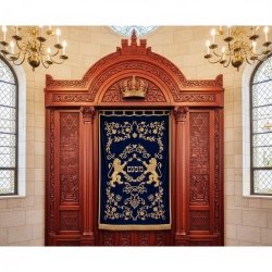 Exquisite Hand-Carved Hardwood Aron Kodesh by Premier Religious Furniture Manufacturer, Featuring Ornate Velvet Parochet