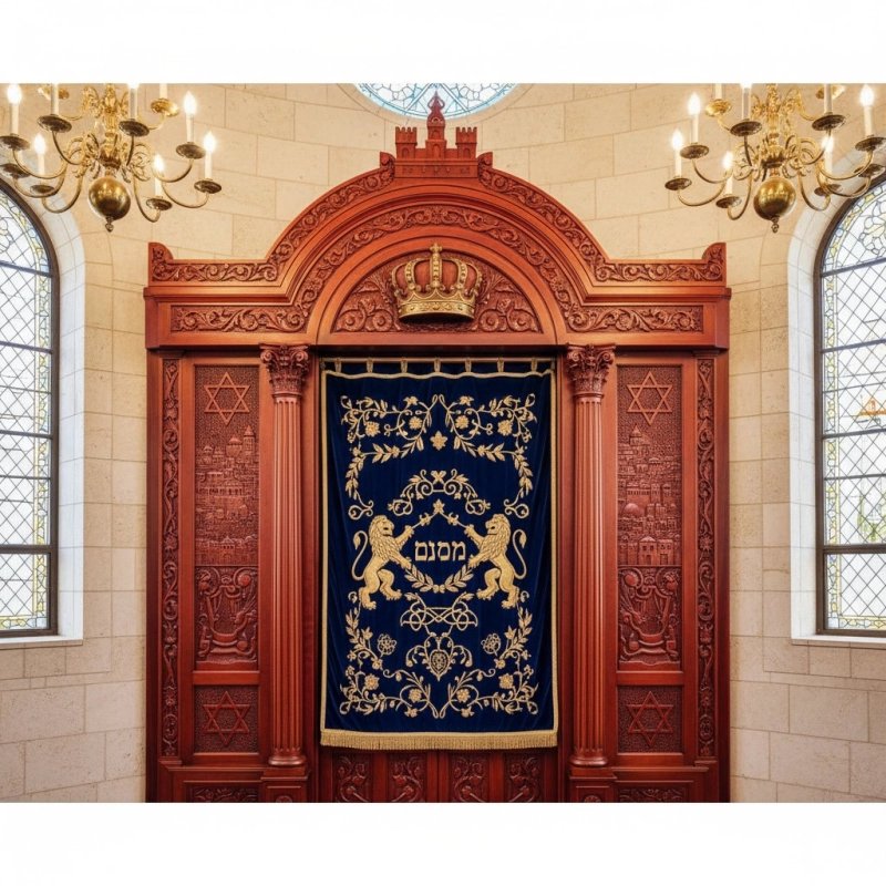 Exquisite Hand-Carved Hardwood Aron Kodesh by Premier Religious Furniture Manufacturer, Featuring Ornate Velvet Parochet Exquisite Hand-Carved Hardwood Aron Kodesh by Premier Religious Furniture Manufacturer, Featuring Ornate Velvet Parochet