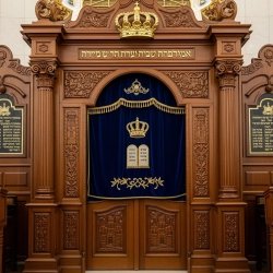 A realistic image of Mahogany Wood Aron Kodesh, Torah Ark hand carvings, image generated by Gemini-2.5-Flash.