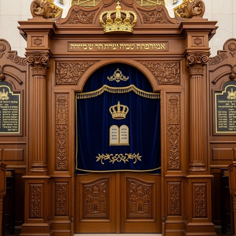 A realistic image of Mahogany Wood Aron Kodesh, Torah Ark hand carvings, image generated by Gemini-2.5-Flash.
