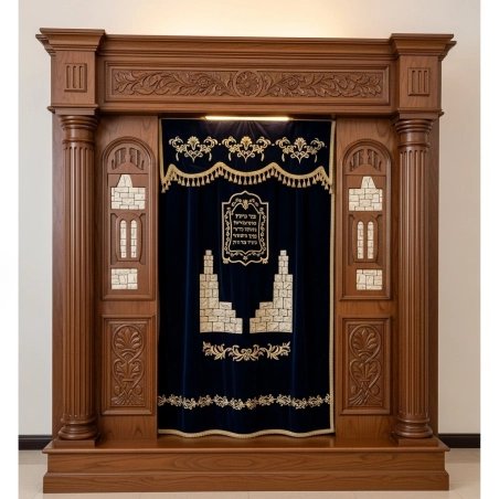 A realistic image of Mahogany Wood Aron Kodesh, Torah Ark hand carvings, image generated by Gemini-2.5-Flash.