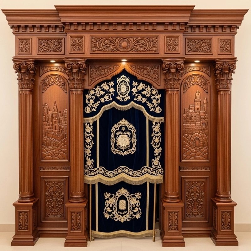 A realistic image of Mahogany Wood Aron Kodesh, Torah Ark hand carvings, image generated by Gemini-2.5-Flash.