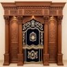 A realistic image of Mahogany Wood Aron Kodesh, Torah Ark hand carvings, image generated by Gemini-2.5-Flash.