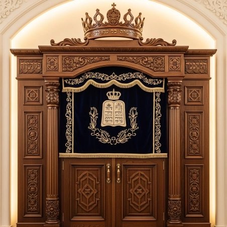 A realistic image of Mahogany Wood Aron Kodesh, Torah Ark hand carvings, image generated by Gemini-2.5-Flash.