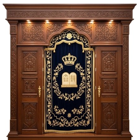 A realistic image of Mahogany Wood Aron Kodesh, Torah Ark hand carvings, image generated by Gemini-2.5-Flash.