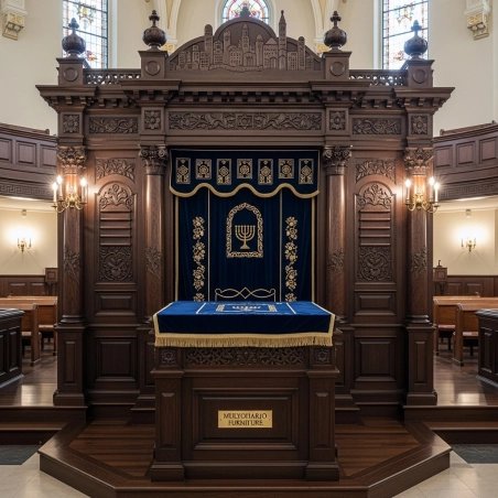A realistic image of Mahogany Wood Aron Kodesh, Torah Ark hand carvings, image generated by Gemini-2.5-Flash.