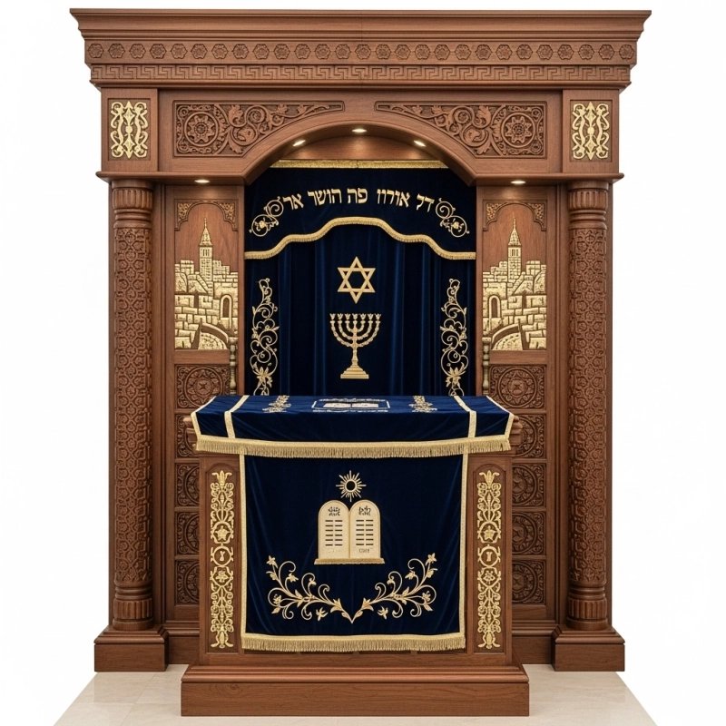 A realistic image of Mahogany Wood Aron Kodesh, Torah Ark hand carvings, image generated by Gemini-2.5-Flash.