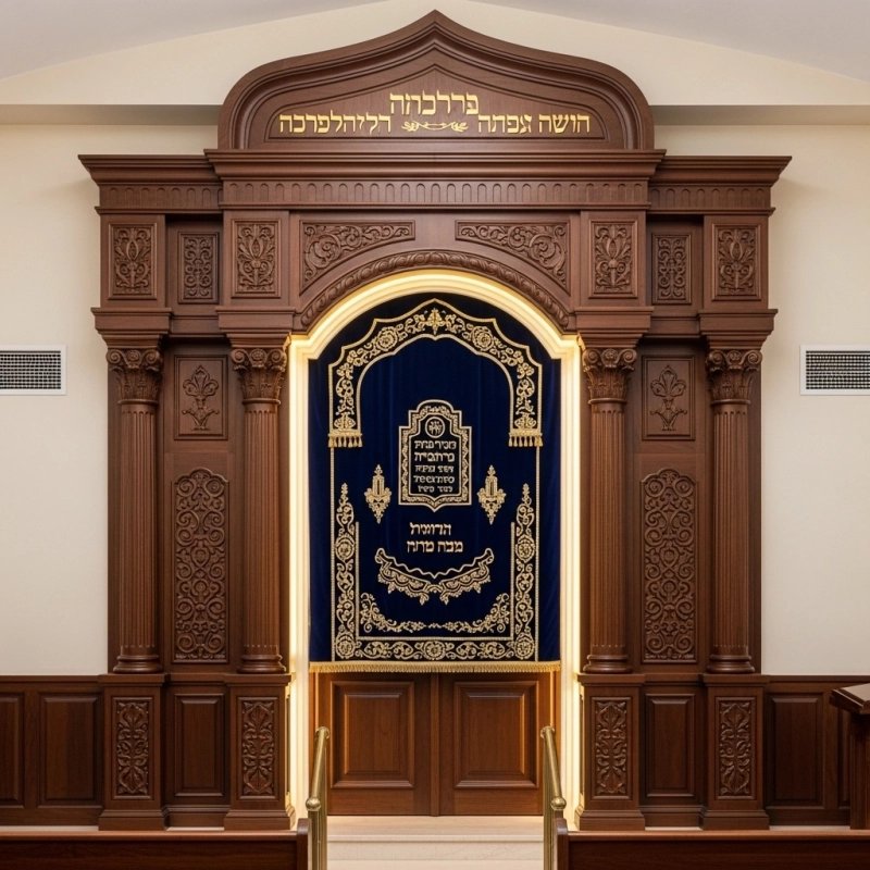 A realistic image of Mahogany Wood Aron Kodesh, Torah Ark hand carvings, image generated by Gemini-2.5-Flash.