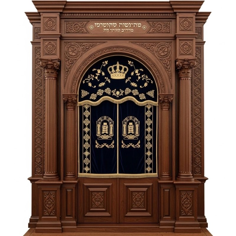 A realistic image of Mahogany Wood Aron Kodesh, Torah Ark hand carvings, image generated by Gemini-2.5-Flash.