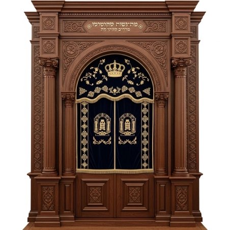 A realistic image of Mahogany Wood Aron Kodesh, Torah Ark hand carvings, image generated by Gemini-2.5-Flash.