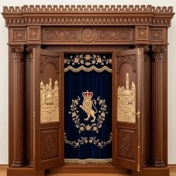 A realistic image of Mahogany Wood Aron Kodesh, Torah Ark hand carvings, image generated by Gemini-2.5-Flash.