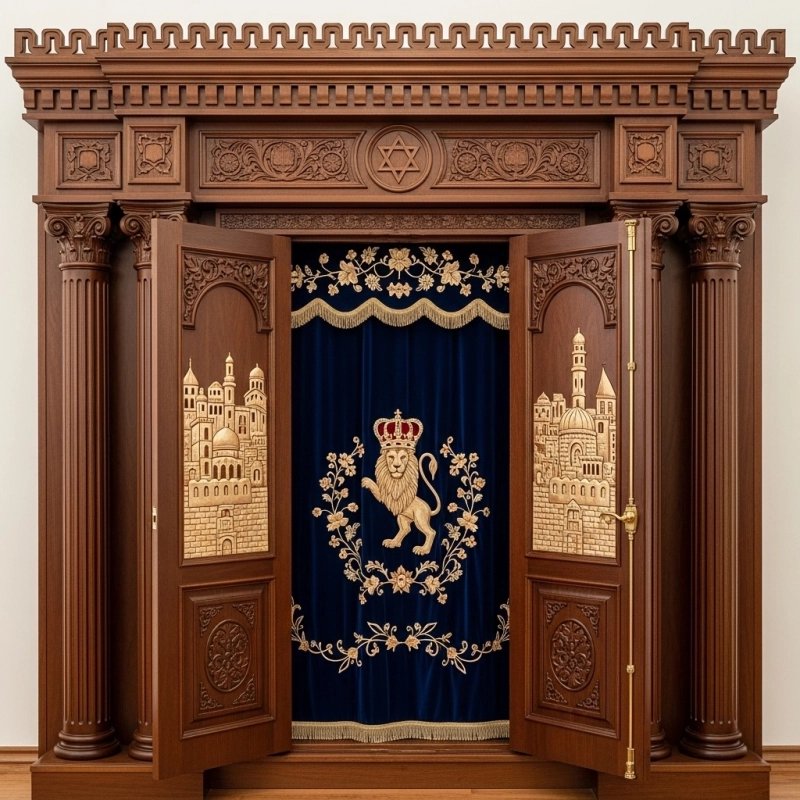 A realistic image of Mahogany Wood Aron Kodesh, Torah Ark hand carvings, image generated by Gemini-2.5-Flash.