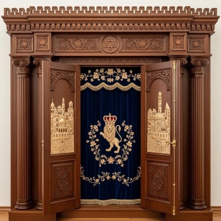 A realistic image of Mahogany Wood Aron Kodesh, Torah Ark hand carvings, image generated by Gemini-2.5-Flash.