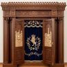 A realistic image of Mahogany Wood Aron Kodesh, Torah Ark hand carvings, image generated by Gemini-2.5-Flash.
