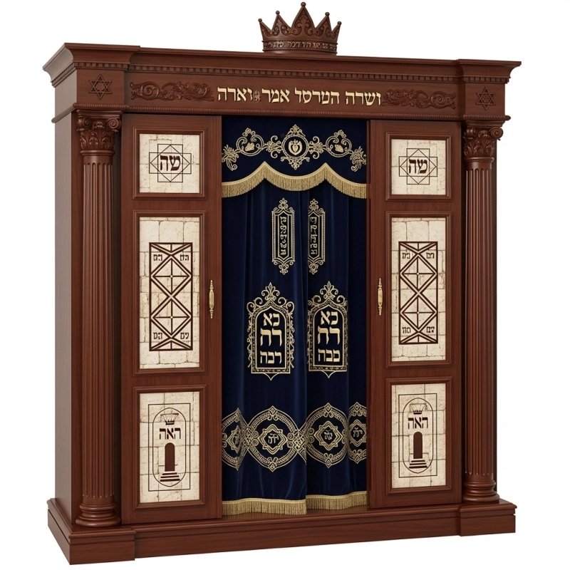 A realistic image of Mahogany Wood Aron Kodesh, Torah Ark hand carvings, image generated by Gemini-2.5-Flash.