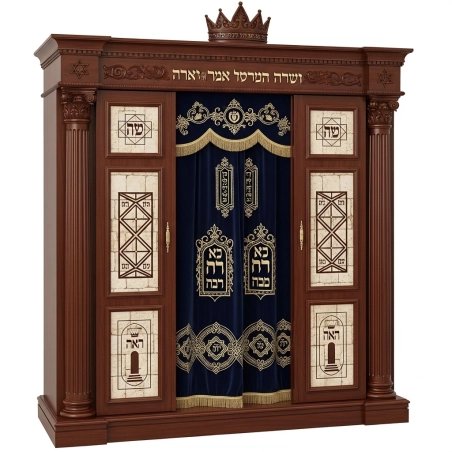 A realistic image of Mahogany Wood Aron Kodesh, Torah Ark hand carvings, image generated by Gemini-2.5-Flash.