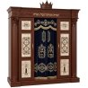 A realistic image of Mahogany Wood Aron Kodesh, Torah Ark hand carvings, image generated by Gemini-2.5-Flash.