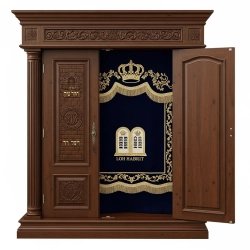 A realistic image of Mahogany Wood Aron Kodesh, Torah Ark hand carvings, image generated by Gemini-2.5-Flash.