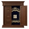 A realistic image of Mahogany Wood Aron Kodesh, Torah Ark hand carvings, image generated by Gemini-2.5-Flash.