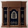A realistic image of Mahogany Wood Aron Kodesh, Torah Ark hand carvings, image generated by Gemini-2.5-Flash.