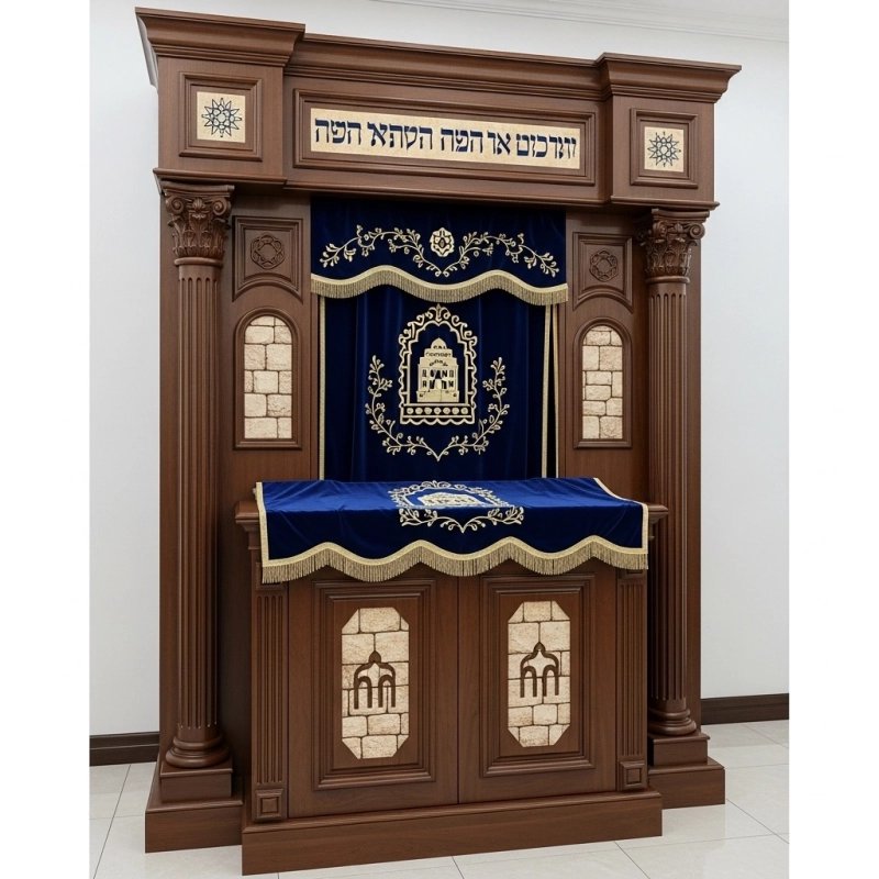 A realistic image of Mahogany Wood Aron Kodesh, Torah Ark hand carvings, image generated by Gemini-2.5-Flash.