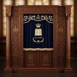 A realistic image of Mahogany Wood Aron Kodesh, Torah Ark hand carvings, image generated by Gemini-2.5-Flash.