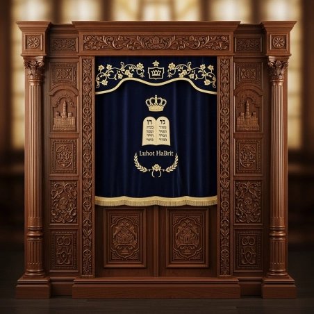 A realistic image of Mahogany Wood Aron Kodesh, Torah Ark hand carvings, image generated by Gemini-2.5-Flash.