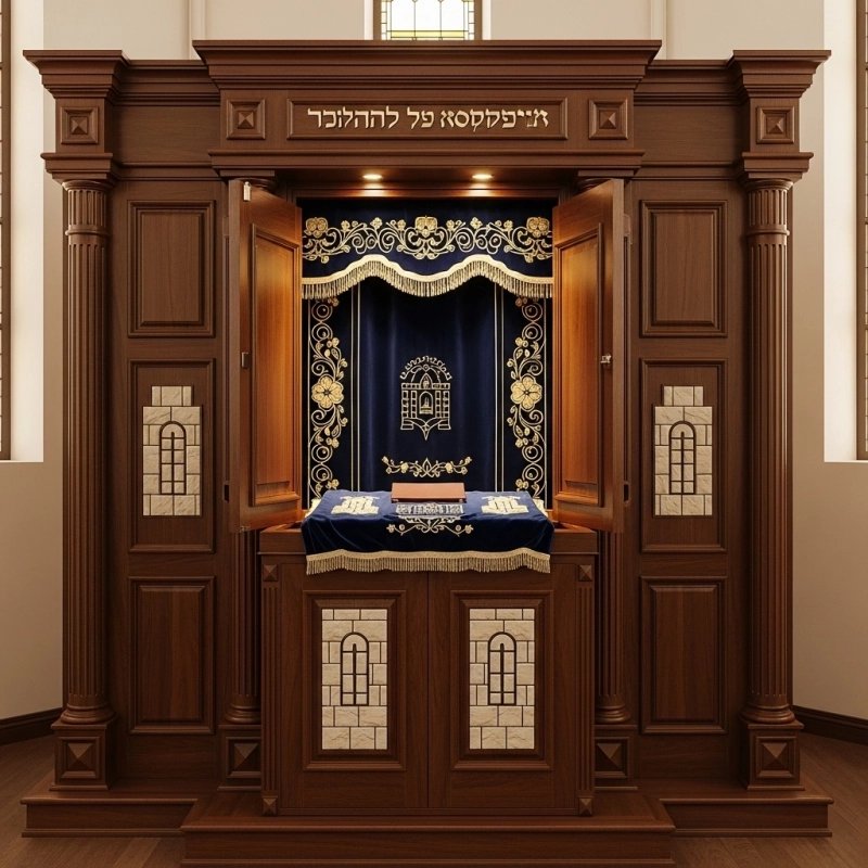 A realistic image of Mahogany Wood Aron Kodesh, Torah Ark hand carvings, image generated by Gemini-2.5-Flash.