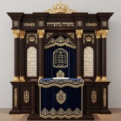 A realistic image of Mahogany Wood Aron Kodesh, Torah Ark hand carvings, image generated by Gemini-2.5-Flash.