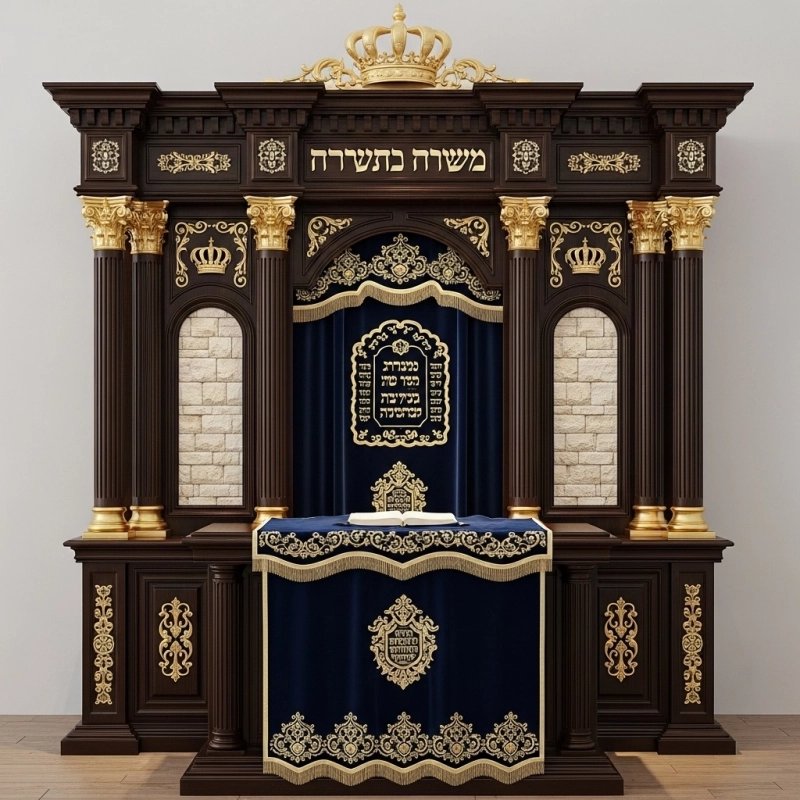 A realistic image of Mahogany Wood Aron Kodesh, Torah Ark hand carvings, image generated by Gemini-2.5-Flash.
