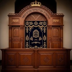 A realistic image of Mahogany Wood Aron Kodesh, Torah Ark hand carvings, image generated by Gemini-2.5-Flash.