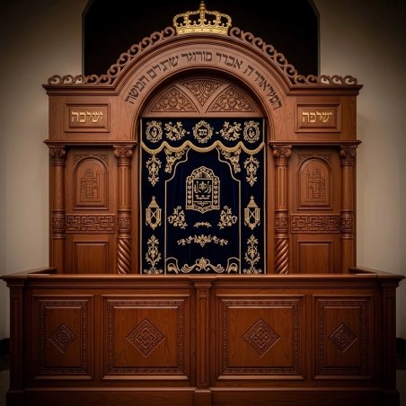A realistic image of Mahogany Wood Aron Kodesh, Torah Ark hand carvings, image generated by Gemini-2.5-Flash.