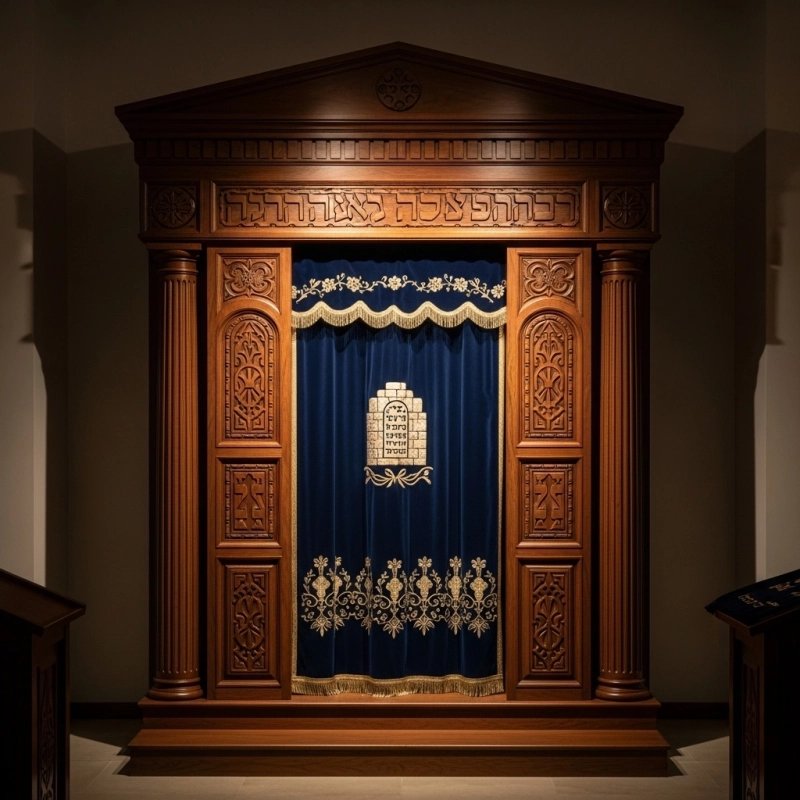A realistic image of Mahogany Wood Aron Kodesh, Torah Ark hand carvings, image generated by Gemini-2.5-Flash.
