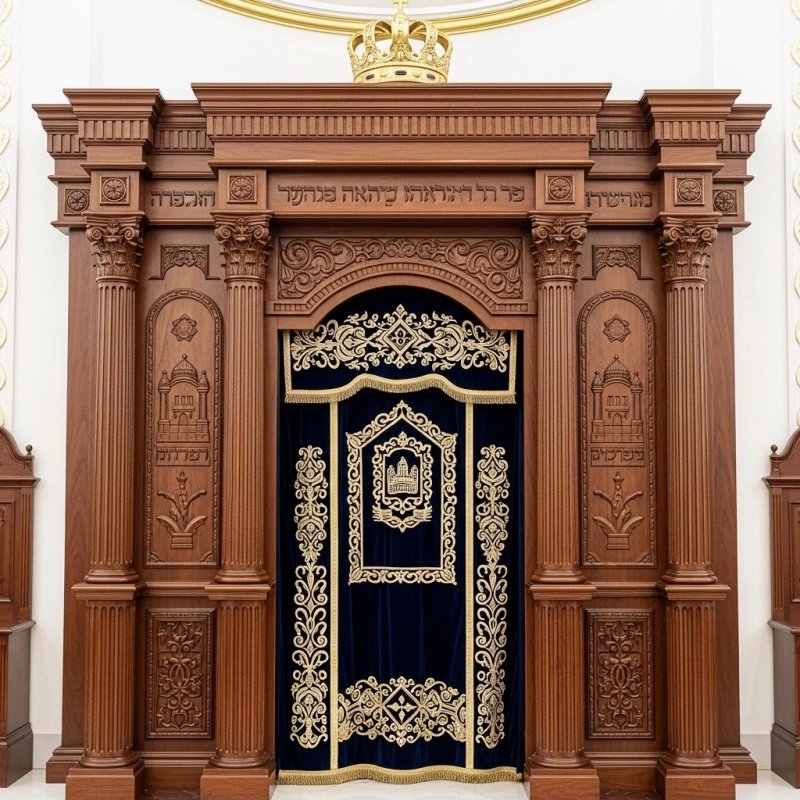 A realistic image of Mahogany Wood Aron Kodesh, Torah Ark hand carvings, image generated by Gemini-2.5-Flash.