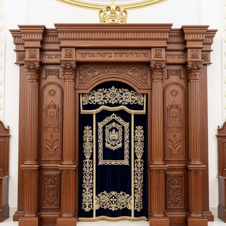 A realistic image of Mahogany Wood Aron Kodesh, Torah Ark hand carvings, image generated by Gemini-2.5-Flash.