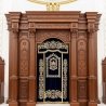 A realistic image of Mahogany Wood Aron Kodesh, Torah Ark hand carvings, image generated by Gemini-2.5-Flash.