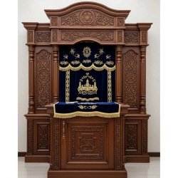 A realistic image of Mahogany Wood Aron Kodesh, Torah Ark hand carvings, image generated by Gemini-2.5-Flash.